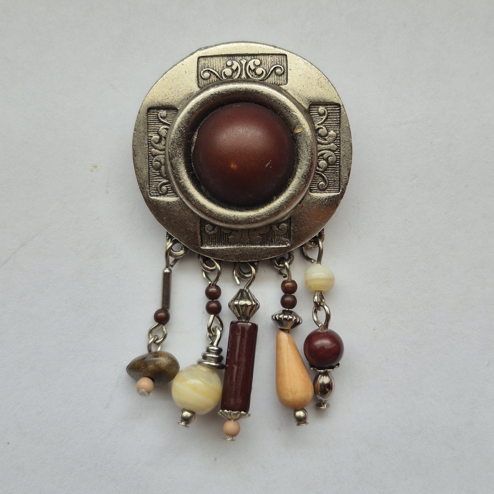 Vintage silver tone beaded tribal brooch